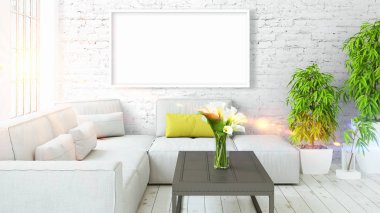 Boş çerçeve ile modern parlak iç. 3D render