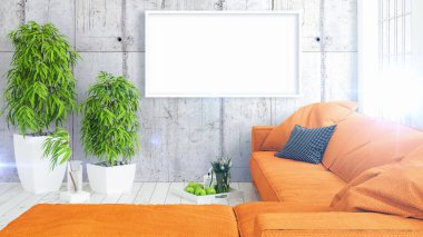 Boş çerçeve ile modern parlak iç. 3D render