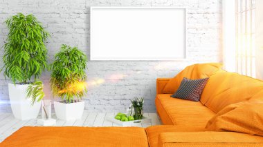 Boş çerçeve ile modern parlak iç. 3D render