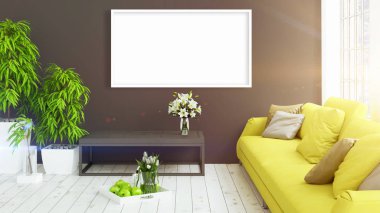 Boş çerçeve ile modern parlak iç. 3D render