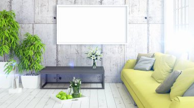 Boş çerçeve ile modern parlak iç. 3D render