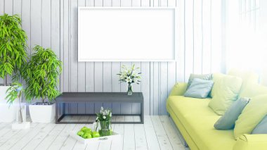 Boş çerçeve ile modern parlak iç. 3D render