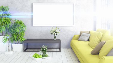 Boş çerçeve ile modern parlak iç. 3D render