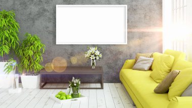 Boş çerçeve ile modern parlak iç. 3D render