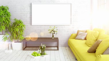 Boş çerçeve ile modern parlak iç. 3D render