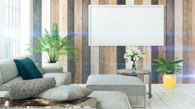 Boş çerçeve ile modern parlak iç. 3D render