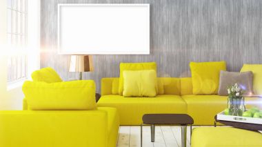 Boş çerçeve ile modern parlak iç. 3D render