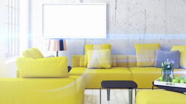 Boş çerçeve ile modern parlak iç. 3D render