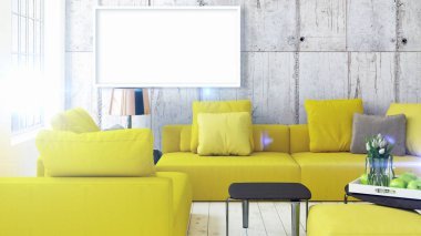 Boş çerçeve ile modern parlak iç. 3D render