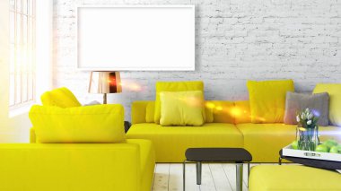 Boş çerçeve ile modern parlak iç. 3D render