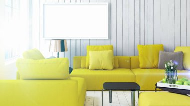 Boş çerçeve ile modern parlak iç. 3D render