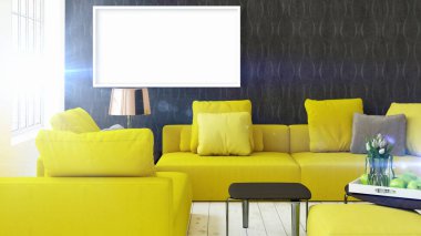 Boş çerçeve ile modern parlak iç. 3D render
