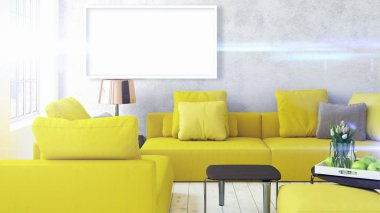 Boş çerçeve ile modern parlak iç. 3D render