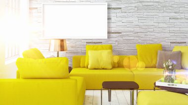 Boş çerçeve ile modern parlak iç. 3D render