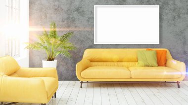 Boş çerçeve ile modern parlak iç. 3D render