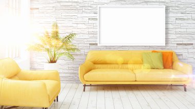 Boş çerçeve ile modern parlak iç. 3D render