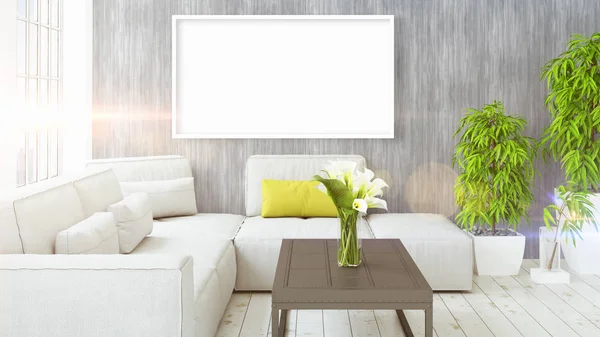 Interior moderno y luminoso con marco vacío. Renderizado 3D —  Fotos de Stock