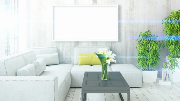 Interior moderno y luminoso con marco vacío. Renderizado 3D — Foto de Stock