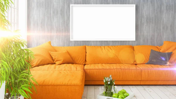 Modernes helles Interieur mit leerem Rahmen. 3D-Darstellung — Stockfoto