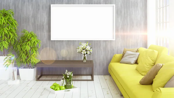 Modern bright interior with empty frame . 3D rendering — Stock Photo, Image