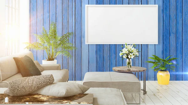 Modern bright interior with empty frame . 3D rendering — Stock Photo, Image