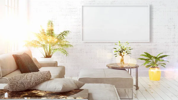 Modern bright interior with empty frame . 3D rendering — Stock Photo, Image