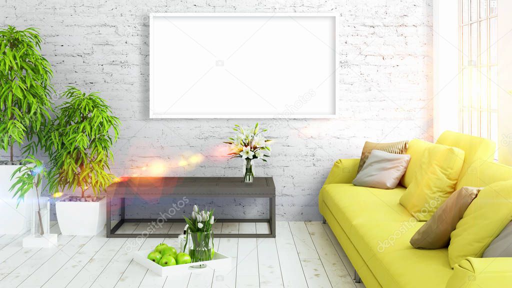 Modern bright interior with empty frame . 3D rendering