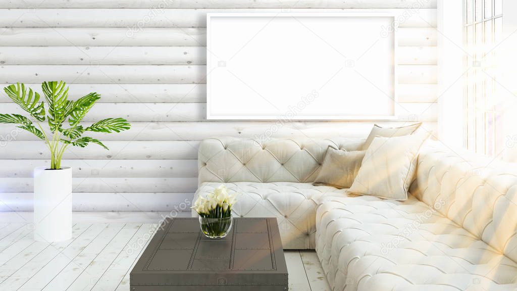 Modern bright interior with empty frame . 3D rendering