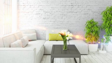 Modern parlak iç. 3D render