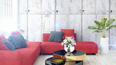 Modern parlak iç. 3D render