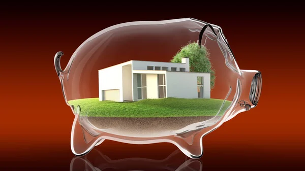 Home inside transparent piggy bank. 3d rendering — Stock Photo, Image