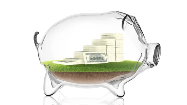 Pacs of money inside transparent piggy bank. 3d rendering — Stock Photo, Image