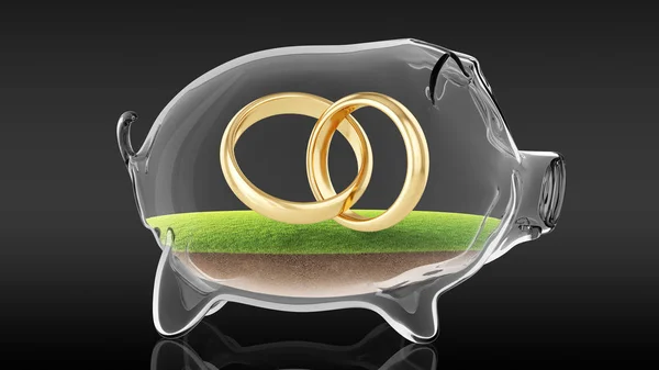Свадебные кольца внутри прозрачной копилки. 3d-рендеринг — стоковое фото