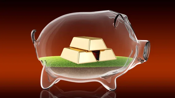 Golden bars inside transparent piggy bank. 3d rendering — Stock Photo, Image