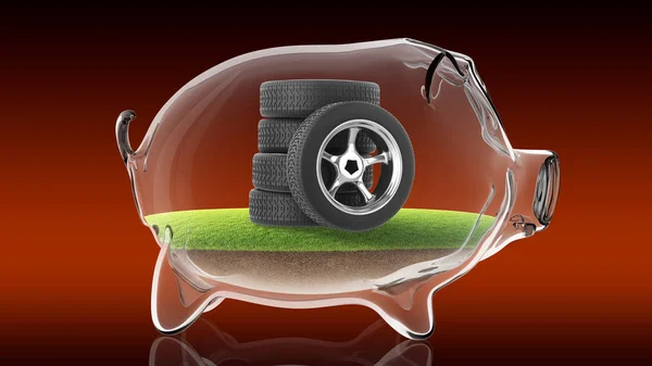 Rubber tire inside transparent piggy bank. 3d rendering