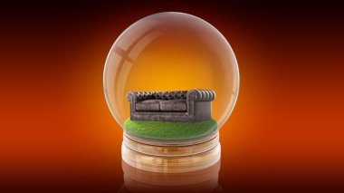 İçinde bir kanepe ile şeffaf küre topu. 3D render.