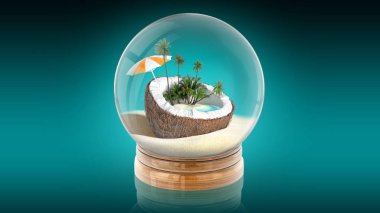 Oasis içinde şeffaf küre topla. 3D render.