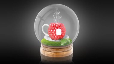 Ahududu fincan çay içinde şeffaf küre topla. 3D render.