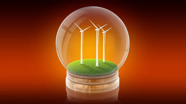 Transparente Kugel mit umweltfreundlichen Windrädern im Inneren. 3D-Darstellung. — Stockfoto