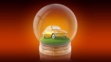 Şeffaf küre top çimen içinde araba ile. 3D render.