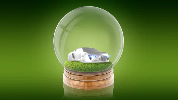 Bola esfera transparente com carro na grama dentro. Renderização 3D . — Fotografia de Stock