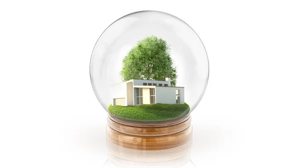 Bola de esfera transparente com casa branca moderna dentro. Renderização 3D . — Fotografia de Stock