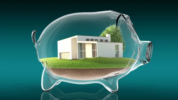 Casa dentro do banco piggy transparente. Renderização 3d — Fotografia de Stock