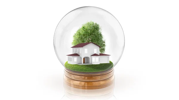 Transparent sphere ball with modern white house inside. 3D rendering. — Stock Photo, Image