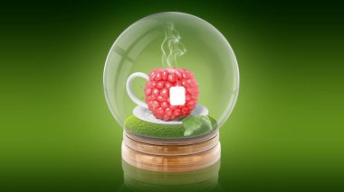 Ahududu fincan çay içinde şeffaf küre topla. 3D render.