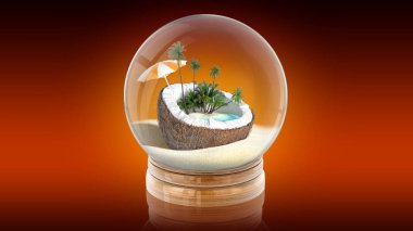 Oasis içinde şeffaf küre topla. 3D render.