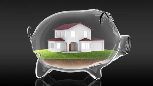 Home inside transparent piggy bank. 3d rendering