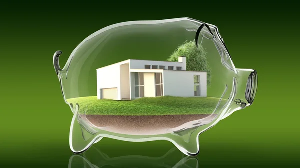 Casa dentro do banco piggy transparente. Renderização 3d — Fotografia de Stock