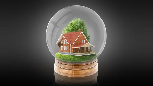 Bola de esfera transparente com casa de madeira dentro. Renderização 3D . — Fotografia de Stock