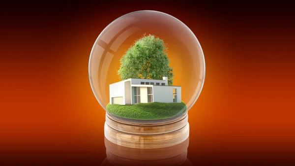Bola de esfera transparente com casa branca moderna dentro. Renderização 3D . — Fotografia de Stock